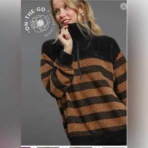 UMGEE NWT M DARK & light BROWN Striped 1/4 Zip-Up oversized soft Sweater